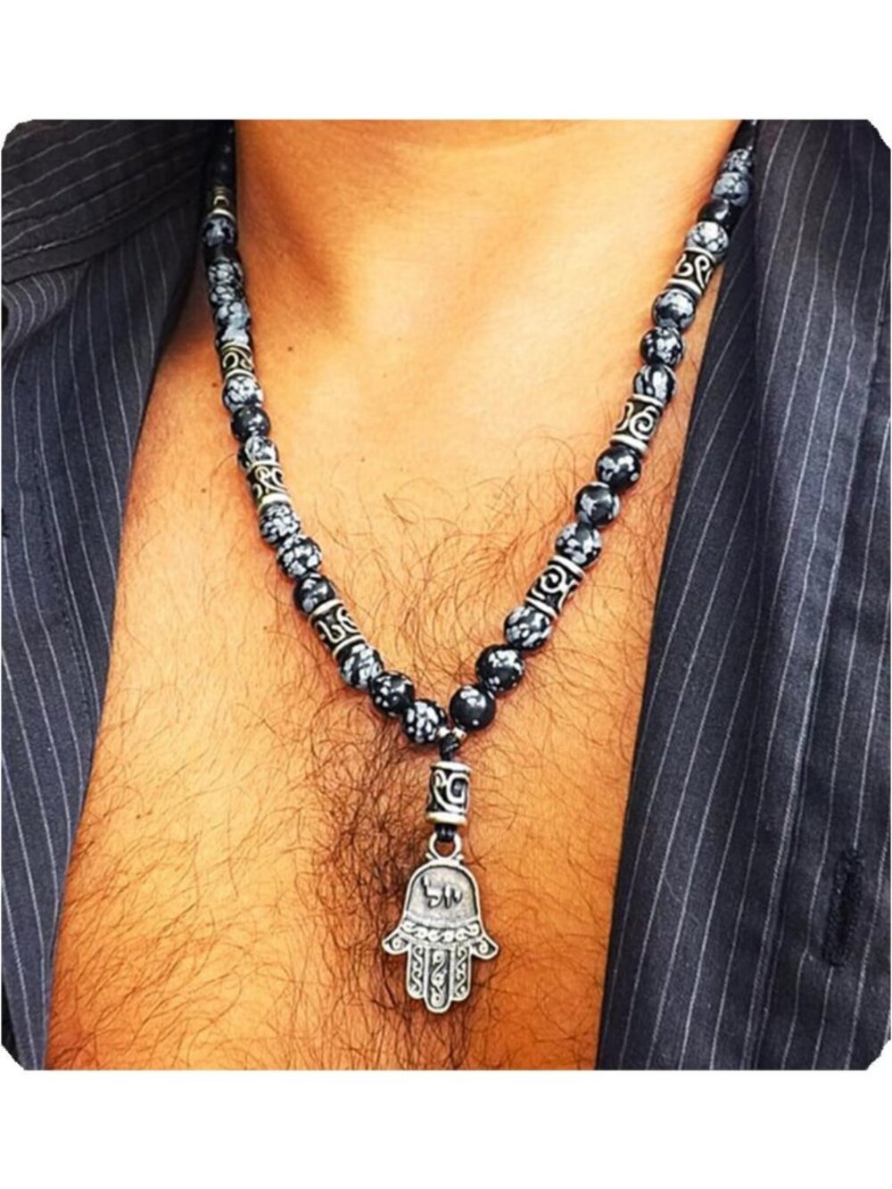 Men's Hamsa Kabbalah Necklace - 22.5" Snowflake Obsidian & Lava Stone Beads